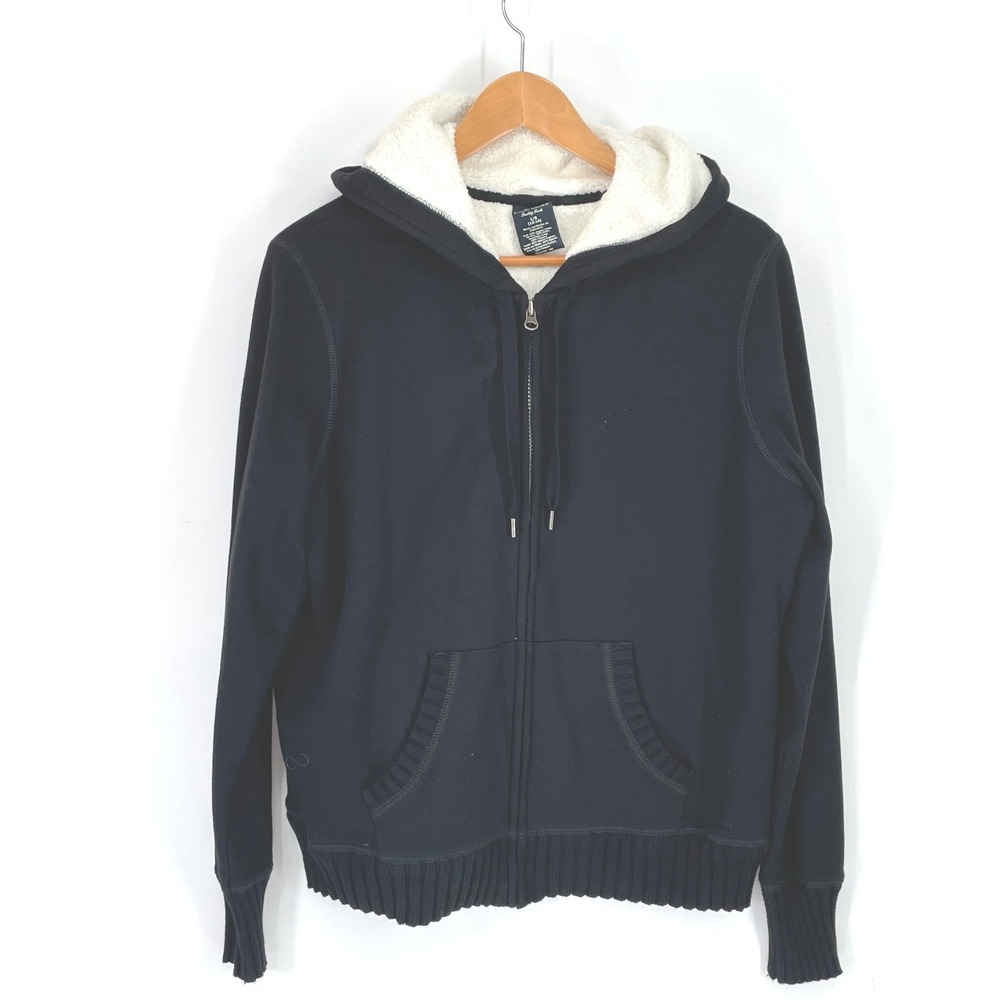 VTG Faded Glory Womens Hoodie L 12-14 Zip Up Black Sherpa Lined Cozy Fallcore